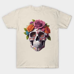 Funny Sugar Candy Skull With Flowers T-Shirt